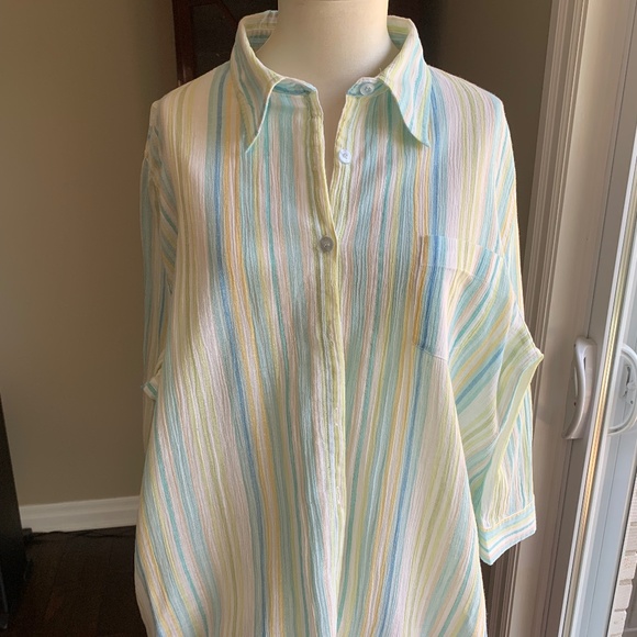 Susan Bristol Tops - Susan Bristol Aqua Yellow Green White Button Down Shirt Vintage